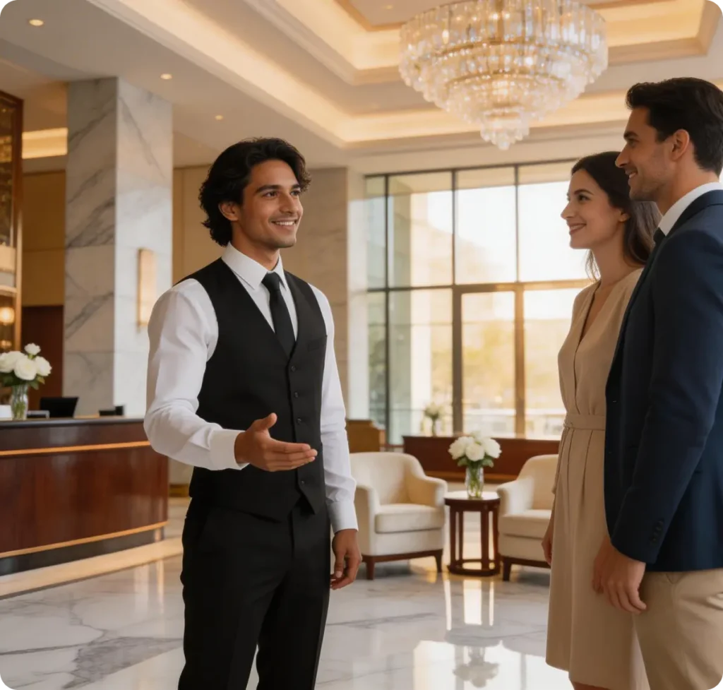 Chico dando hospitalidad a turistas en hotel de lujo