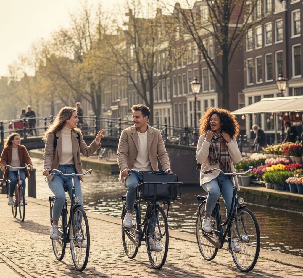 Tres estudiantes cruzando los canales de Amterdan en Bicicleta
