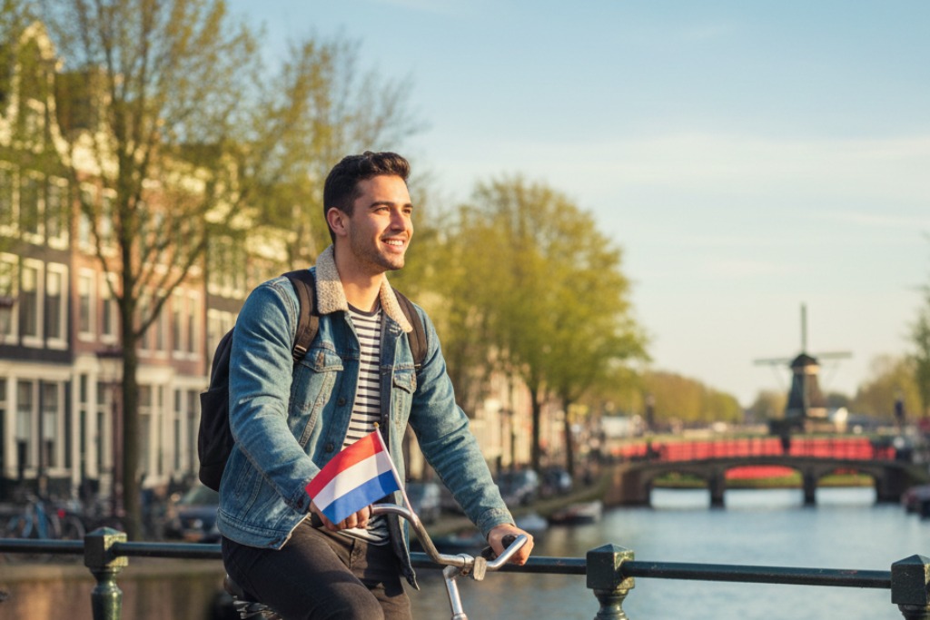 Estudiante montado en bicicleta con bandera de Holanda