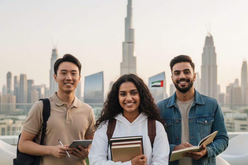 Tres estudiantes mirando a la camara con Dubai de fondo