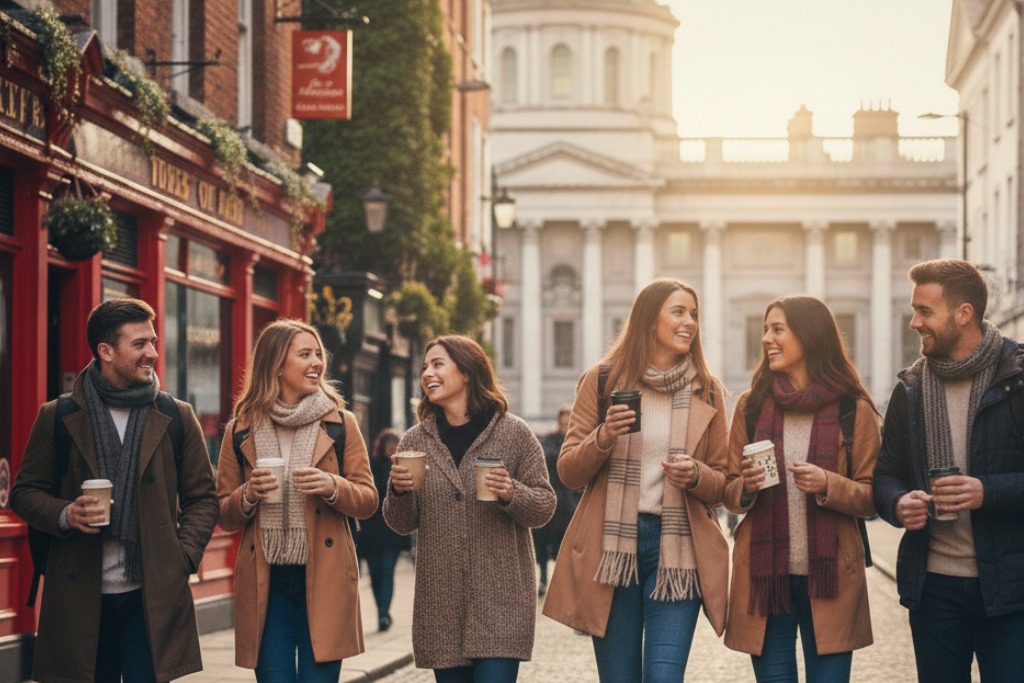 Estudiantes en Irlanda, caminando con bebidas en sus manos