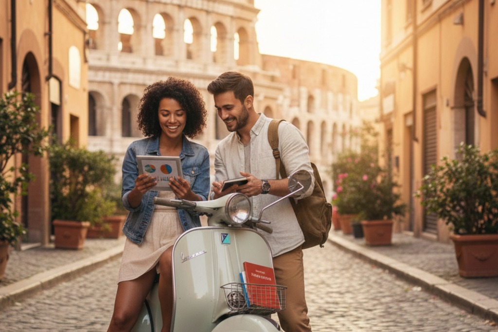 Dos estudiantes en Italia, con una moto y recorriendo la ciudad