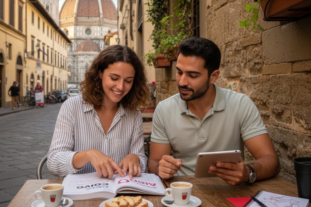 Mujer y hombre estudiando italiano en Italia