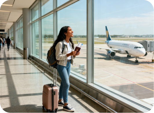 Joven esperando avión para estudiar en el extranjero