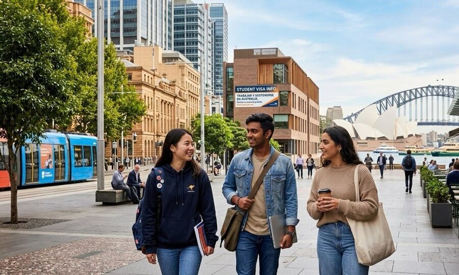 Tres amigos caminando por ciudades de australia para estudiar