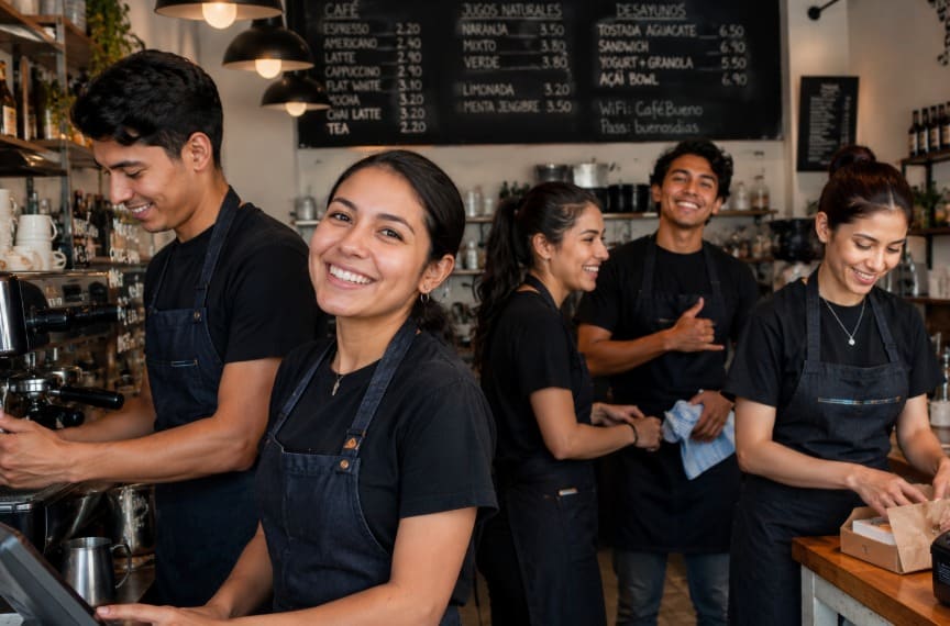 Estudiantes trabajando en el extranjero en un café