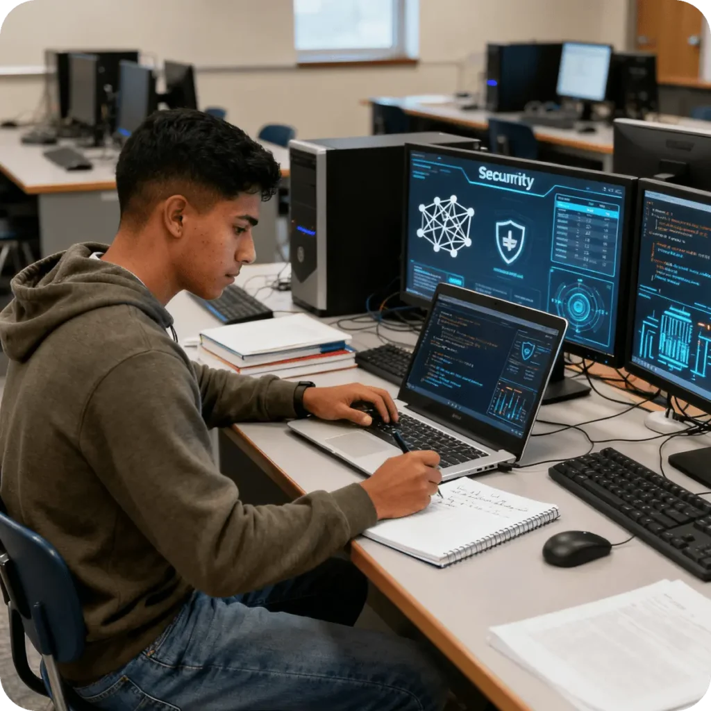 Joven estudiando maestría en ciberseguridad