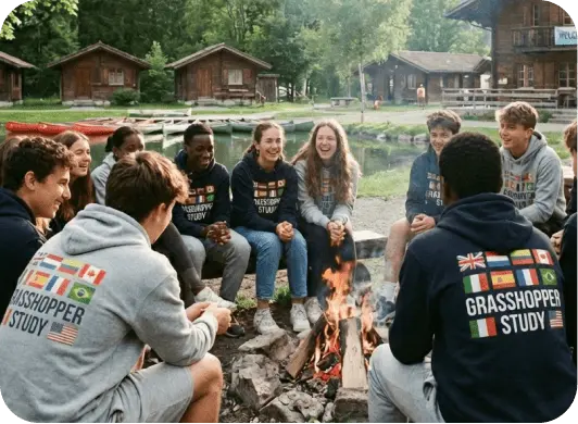 Jovenes compartiendo idiomas y converzaciones al rededor de fogata