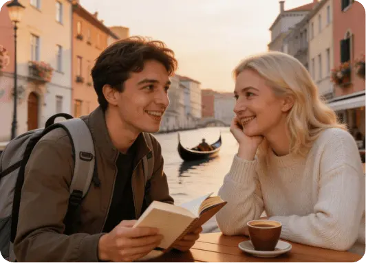Madre e hijo planeando el viaje de intercambio de idiomas