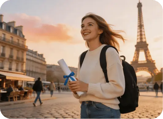chica feliz porque se graduo de su intercambio de idiomas en Francia
