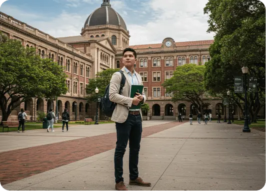 Chico llegando a su nueva universidad en el extranjero para estudiar