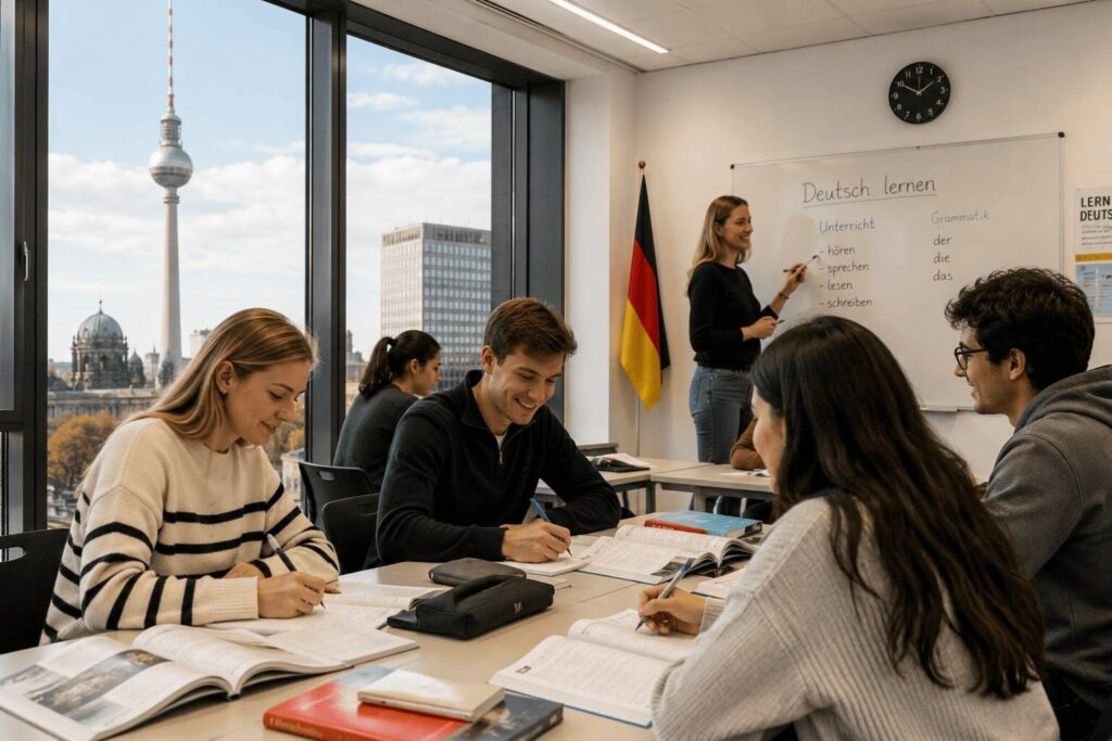 Grupo de jóvenes en un salón de clases estudiando alemán