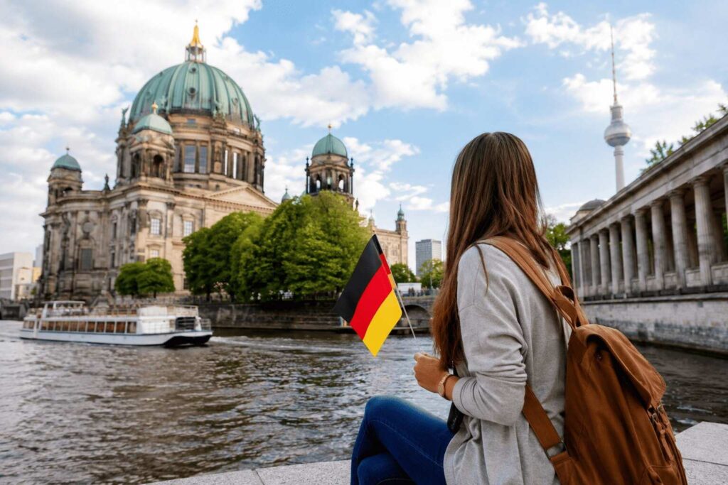 Mujer dando la espalda mirando hacia un lago en Alemania con la bandera del país en la mano