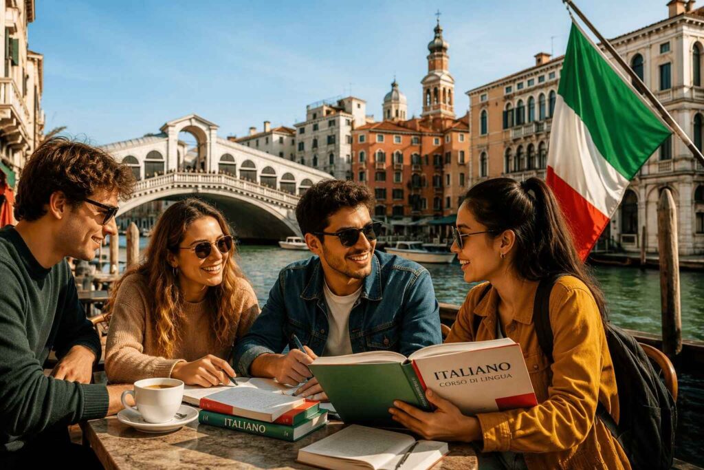 Tres jóvenes en italia estudiando en una terraza