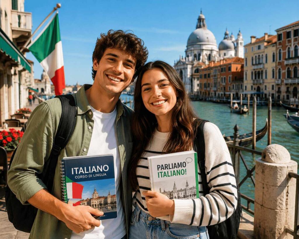 Hombre y mujer sonriendo a la cámara con libros sobre italiano en las manos