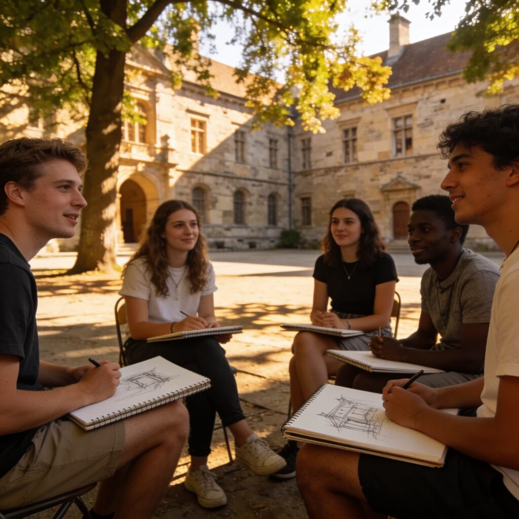 Estudiantes internacionales en un patio universitario europeo en verano
