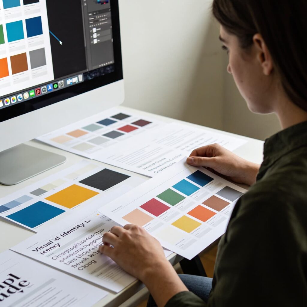 Diseñadora gráfica trabajando en una identidad visual con pruebas de color