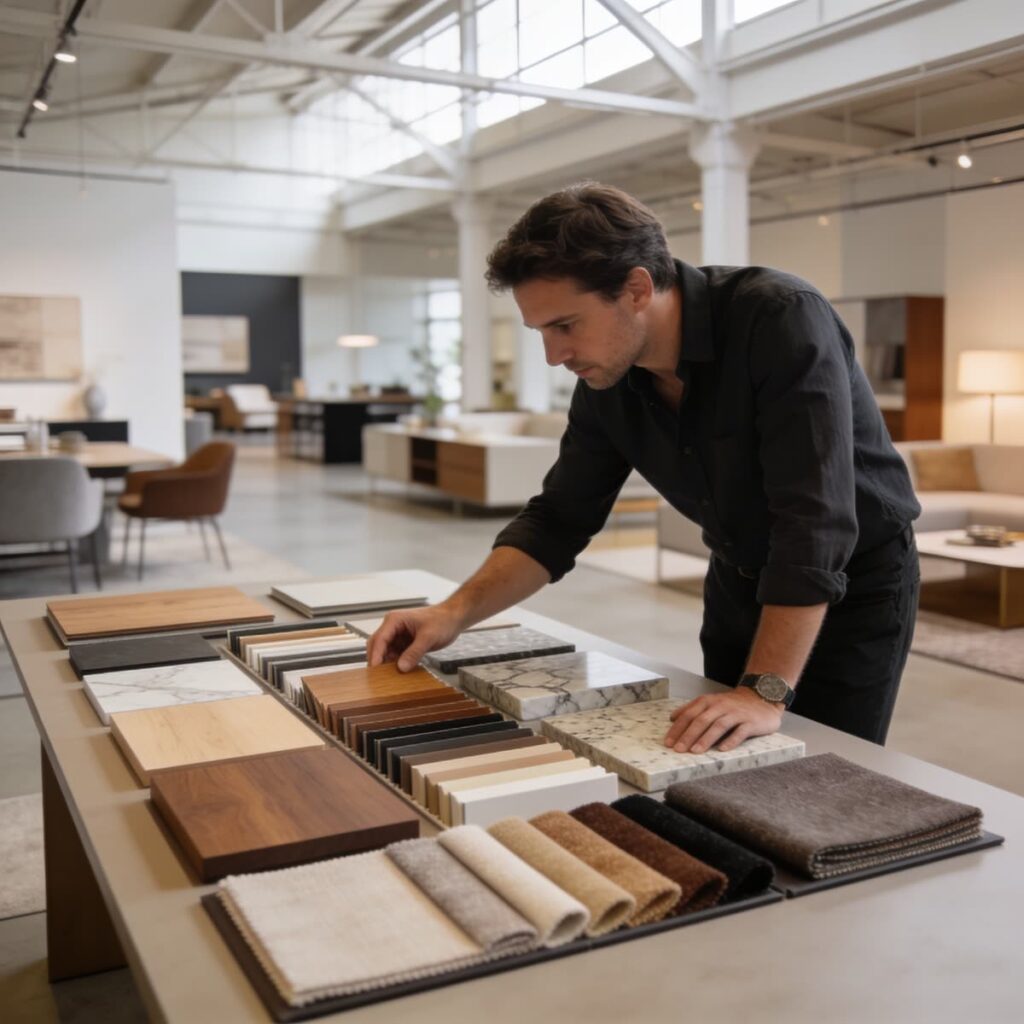 Interiorista comparando muestras de materiales en un showroom de diseño