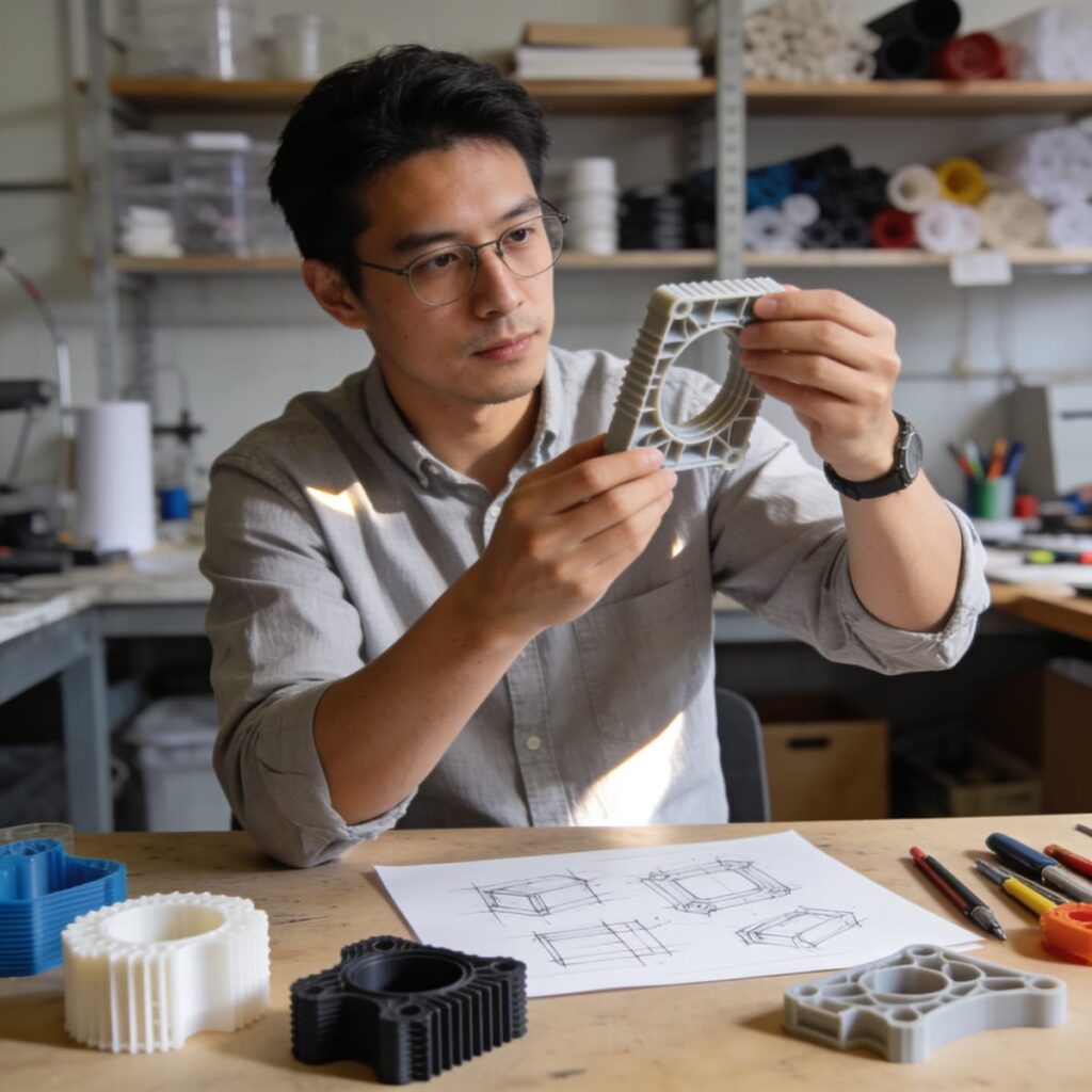Diseñador industrial examinando un prototipo impreso en 3D en su taller
