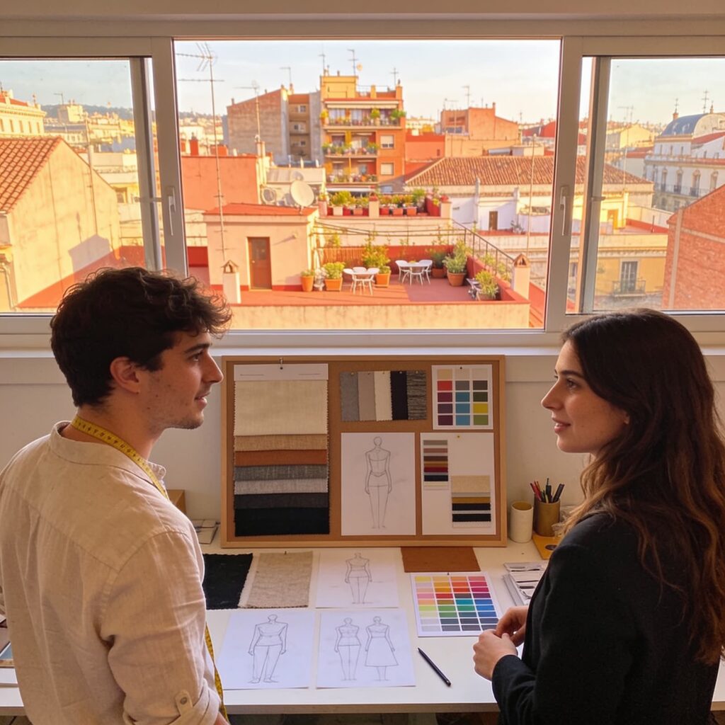 Diseñadores revisando un moodboard en un estudio de Barcelona con vistas a las azoteas