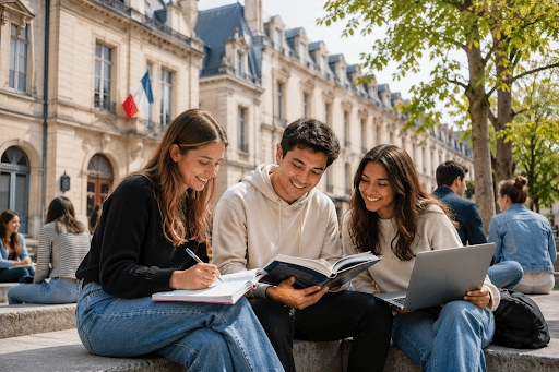 Grupo de estudiantes que practican francés en universidad de Francia