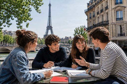 Jóvenes reunidos estudiando francés en Paris Francia