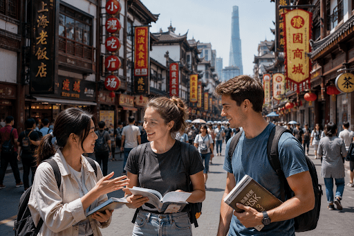 Grupo de estudiantes practicando el mandarín en china