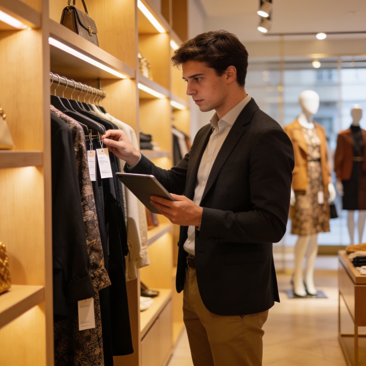 Profesional de fashion business revisando colección en una tienda de moda de alta gama