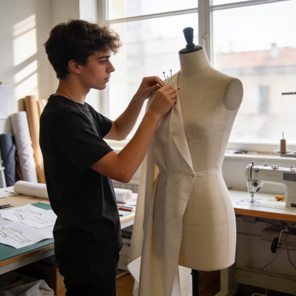 Estudiante de diseño de moda drapeando tela sobre un maniquí en un taller de Milán