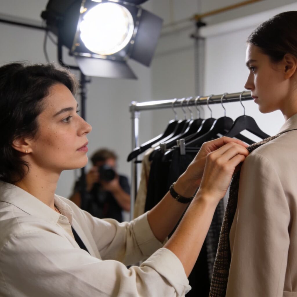 Estilista de moda preparando un look en una sesión de fotos editorial
