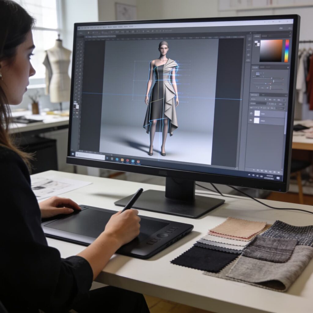 Diseñadora modelando una prenda en 3D en un estudio de moda digital