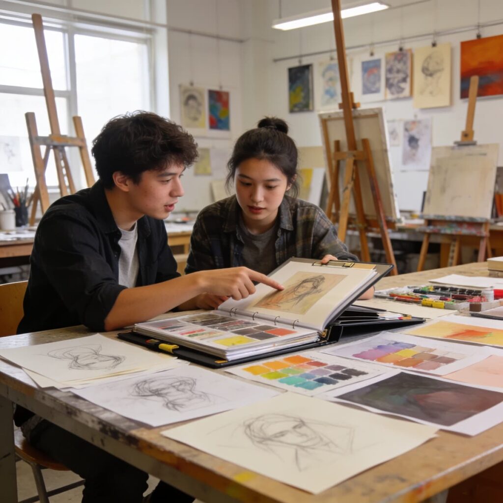 Estudiantes revisando un portafolio de arte en un curso preparatorio creativo