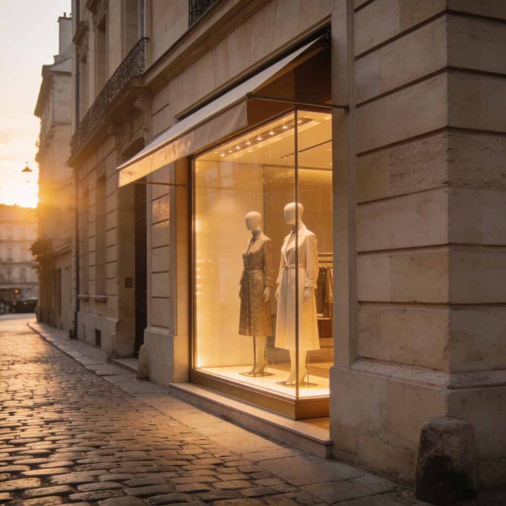 Escaparate de una boutique de lujo en una calle europea al atardecer