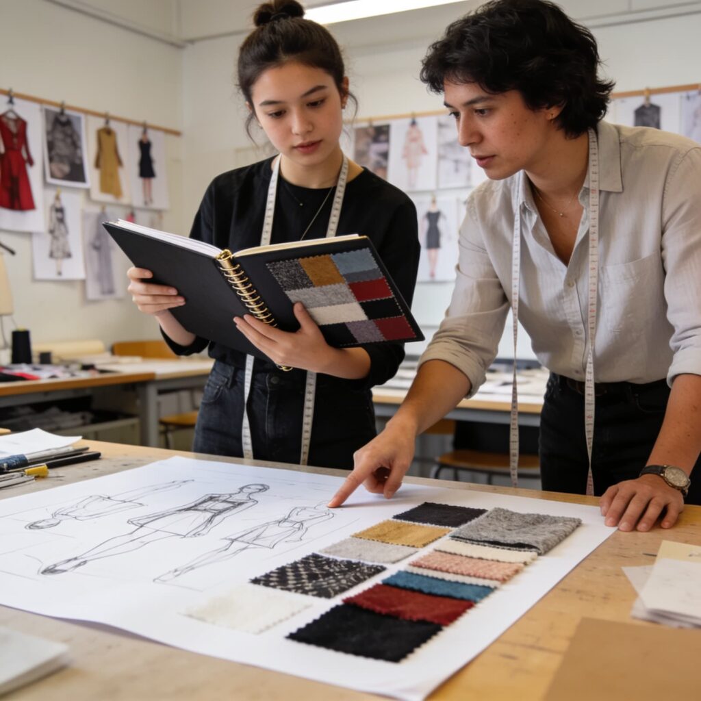 Estudiante de moda revisando su portafolio con una profesora en el aula