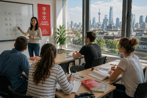 Clase de mandarin en china con estudiantes extranjeros