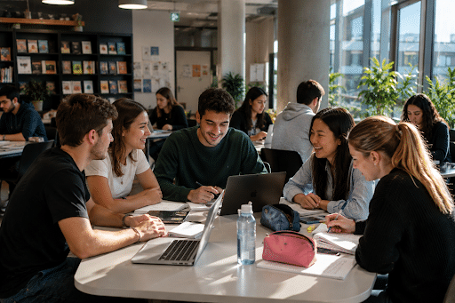Jovenes entusiasmados estudiando maestrías en el exterior