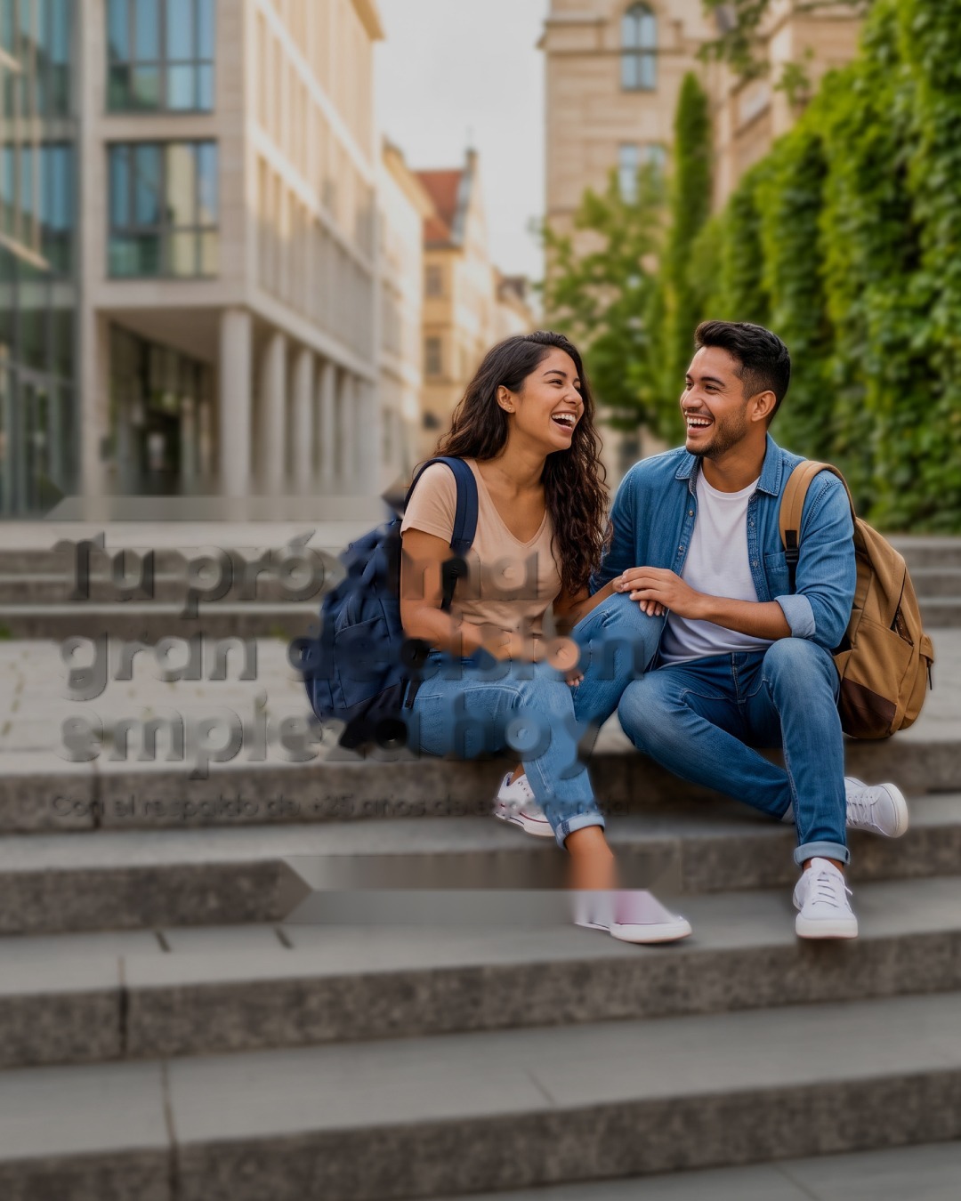 Dos estudiantes sonrientes sentados en las escaleras de un campus