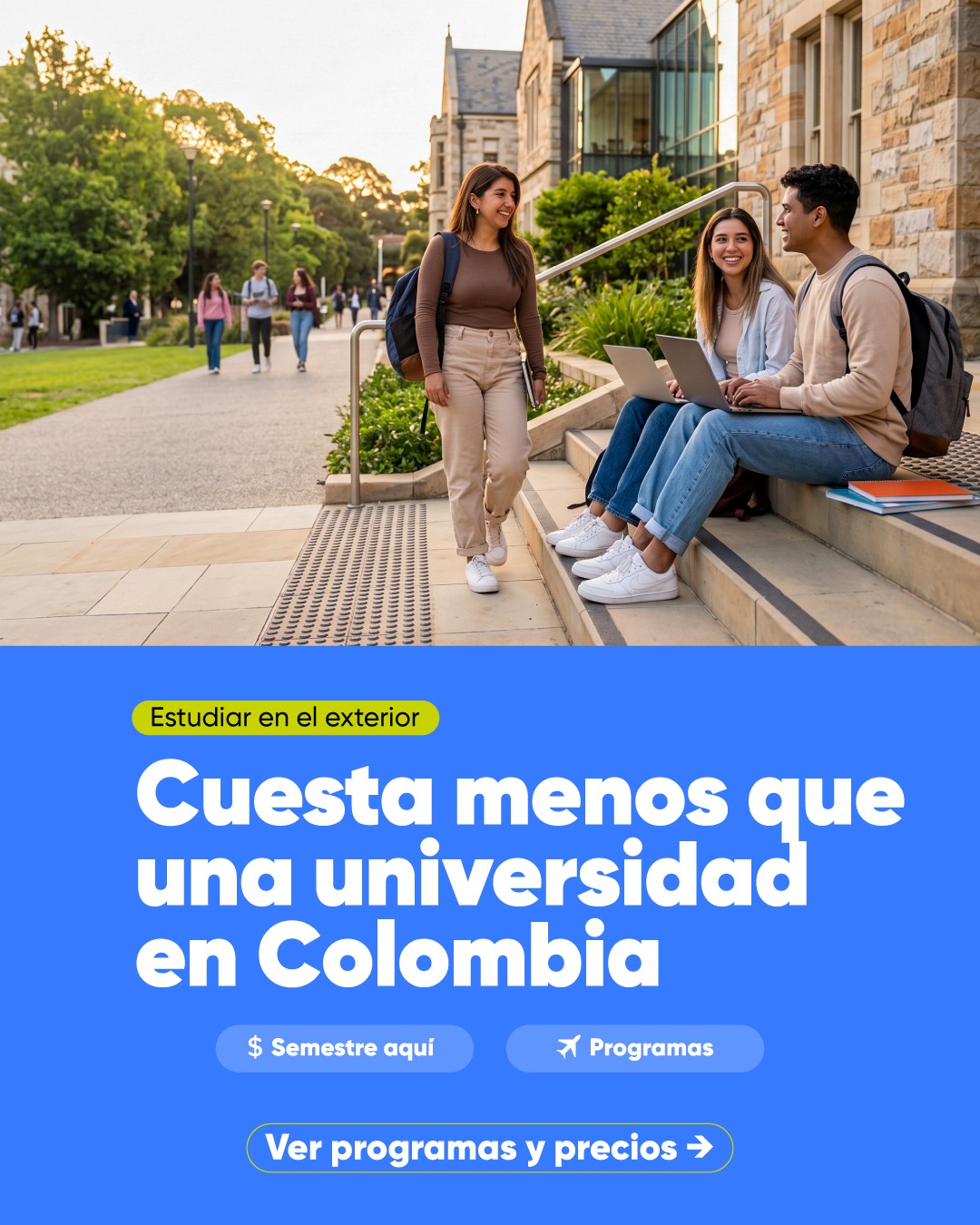 Tres estudiantes conversando en las escaleras de una universidad